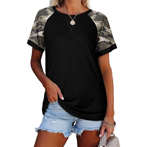 T-shirt décontracté pour femme noir avec manches raglan camouflage et col rond