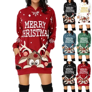 Dames Kerst Rendier Print Hoodie Sweatshirt Jurk Lange Mouwen Zak Casual Winter Feestelijke Hoodie Jurk Mini-jurk
