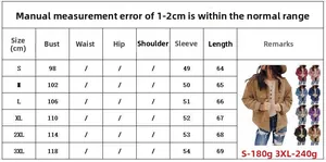 Size chart for women's corduroy jacket with measurements for chest, sleeve, and length