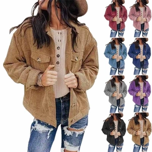 Women Casual Corduroy Button Down Shacket Jacket Loose Long Sleeve Turndown Collar Outerwear With Pockets Solid Color Top