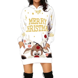 Witte kerst hoodie jurk voor dames met rendieropdruk en Merry Christmas tekst op de voorkant