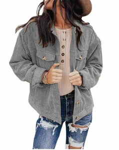 Women's loose grey corduroy jacket with classic lapel and front utility pockets