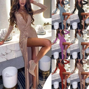 Élégante Robe de Soirée à Paillettes avec Col en V Profond Manches Longues Fente Haute Robe Maxi Moulante Scintillante pour Femmes Banquet