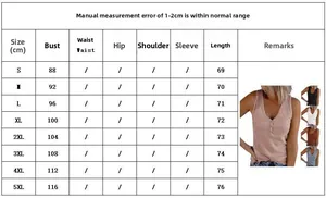 Size chart for V-neck button tank top showing S to 5XL bust and length measurements