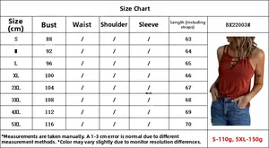 Guide des tailles pour débardeur d'été à bretelles avec mesures du S au 5XL
