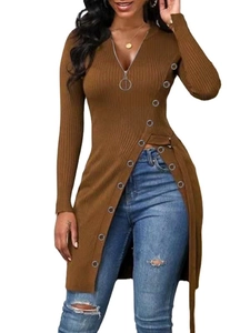 Haut côtelé marron foncé pour femme avec col en V zippé et fente latérale haute