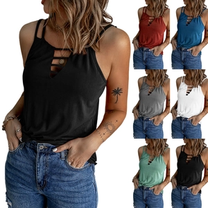 Débardeur Femme Sexy Col en V Découpe Bretelles Coupe Slim Sans Manches Mélange de Coton Top Camisole Gilet Été Décontracté Grande Taille