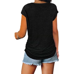Rear view of black short sleeve T-shirt with subtle pleats and blue denim shorts