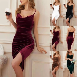 Elegant Cowl Neck Velvet Midi Dress Women Spaghetti Strap Ruched Side Slit Slim Fit Sexy Evening Party Prom Cocktail Dress