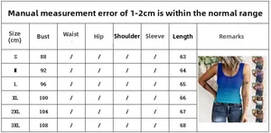 Detailed size chart for women's gradient button ribbed tank top with measurements in cm