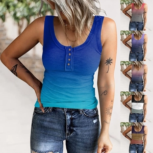 Women's Ribbed Ombre Henley Tank Top Sleeveless Cotton Blend Slim Fit Vest With Decorative Buttons Summer Casual Sleeveless Top