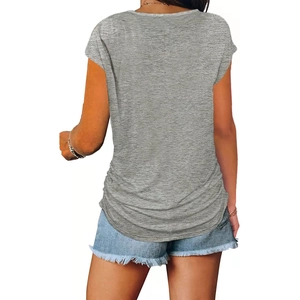 Detail of gray short-sleeve T-shirt with side ruching and curved hem back view
