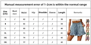 Size chart for printed high waist chiffon shorts showing waist and length from S to 3XL