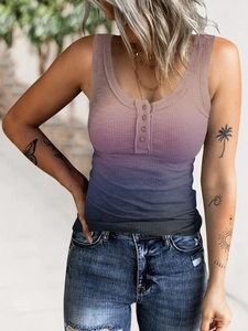 Women's ombre ribbed knit tank top with henley button neck and sleeveless summer design