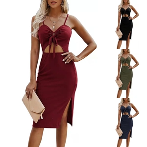 Sexy Damen Cutout Spaghettiträger Midi Kleid Seitlicher Schlitz Bodycon Sommer Nacht Party Clubwear Baumwolle Polyester Einfarbiges Kleid
