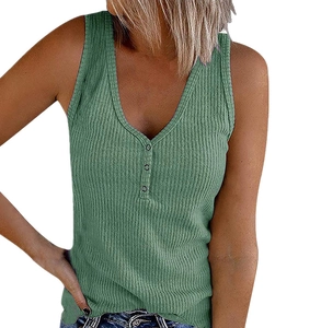 Women's summer V-neck ribbed tank top in grass green with decorative button details
