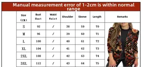 Size chart for women's floral blazer jacket showing bust and length measurements in cm
