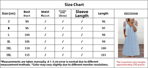 Detailed size chart for V-neck short sleeve dress with bust and length measurements