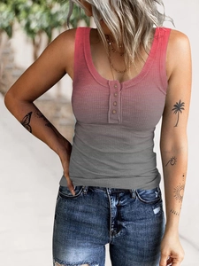 Women's ribbed knit tank top with Henley buttons and coral pink to dark grey gradient
