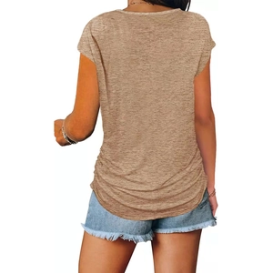 Back view of a casual heather brown t-shirt featuring a rounded hem and rolled sleeves
