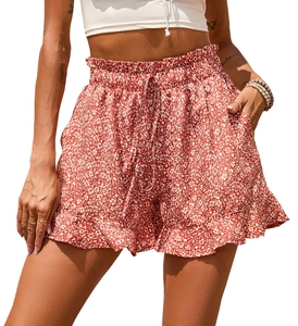 Women's high waist floral chiffon shorts with drawstring and ruffle hem in rust red