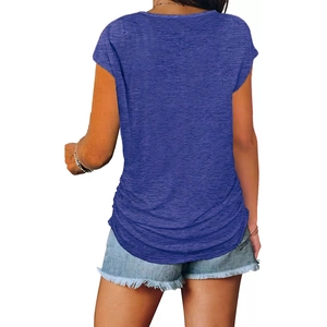 Back view of a navy blue short sleeve T-shirt with a curved hem and frayed denim shorts