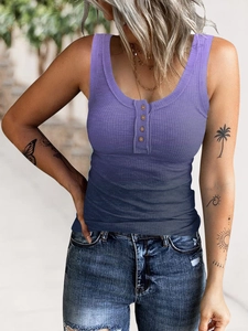 Close-up of ribbed knit texture with purple gradient and wooden buttons on tank top