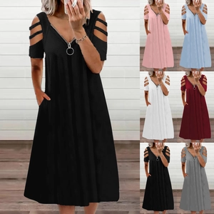 Women's Sexy V-Neck Zipper Cold Shoulder Short Sleeve Midi Dress Solid Color Casual Summer Dress With Pockets Hollow Out