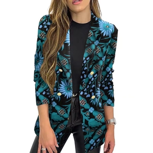 Women's floral print blazer with blue blossoms and gold buttons on black background