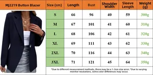 Size chart for women casual blazer featuring length, chest, shoulder, and sleeve measurements