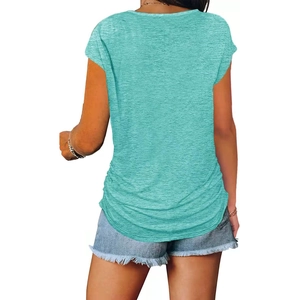 Back view of a lake blue t-shirt featuring stylish ruching detail and a round neckline