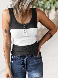 Women slim fit ribbed knit tank top with horizontal stripes and button neckline