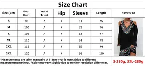 Größentabelle für Ethno-Kleid mit V-Ausschnitt, Maße von S bis 3XL für Damenmode