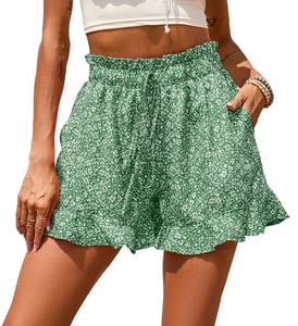 Women's summer high waist floral shorts with elastic drawstring waist and ruffle hem
