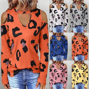 Women Leopard Print Cold Shoulder T-Shirt Sexy V Neck Cut Out Long Sleeve Loose Casual Pullover Top Fashion Streetwear