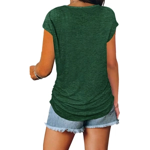 Detail showing the ruched hem and drawstring design on the back of a dark green t-shirt