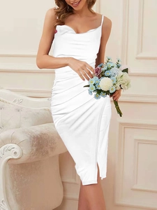 Detail of elegant white satin dress featuring a draped cowl neck and side ruching detail