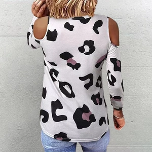 Back view of women's leopard print cold shoulder long sleeve t-shirt in white and purple