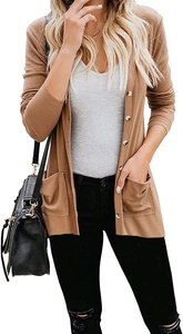 Detailed texture of caramel ribbed knit cardigan with button closures and side pockets