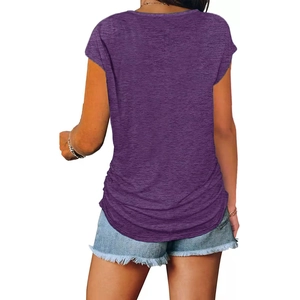 Deep purple short sleeve T-shirt with zipper front and shirred waist for summer daily wear