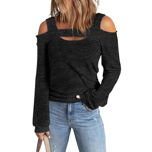 Off-shoulder black knit long sleeve shirt for women with cutout detail and ribbed texture