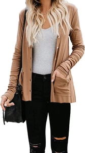 Close-up of caramel ribbed knit cardigan featuring front patch pockets and button closure