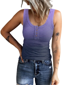 Women's ombre purple sleeveless ribbed tank top with buttoned henley neckline