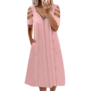 Pink V-neck short sleeve dress with zipper neckline and cold shoulder cutout detail