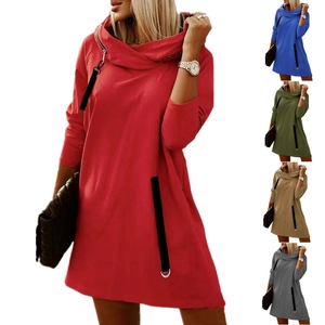 Women's Loose Hooded Long Sleeve Midi Dress Cowl Neck With Side Zipper Elegant Solid Color A-Line Sweatshirt Dress For Autumn Winter