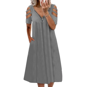 Grey V-neck short sleeve midi dress with cold shoulder cut-outs and zipper detail