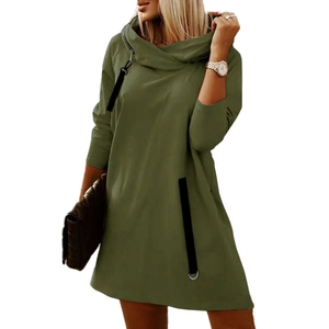 Women's army green hooded dress with asymmetrical zipper and long black drawstrings