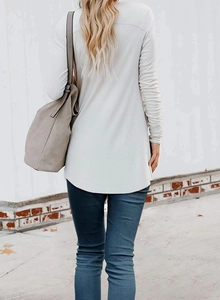 Back view of a long-sleeved ribbed knit cardigan with a stylish curved hemline design
