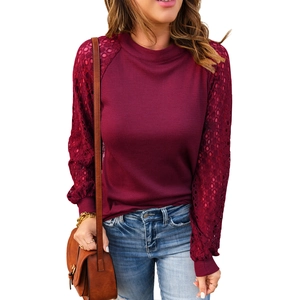Women's burgundy waffle knit long sleeve t-shirt with elegant lace splicing detail