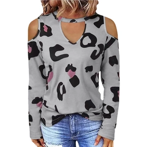 Women cold shoulder long sleeve T-shirt with grey leopard print and halter V-neckline